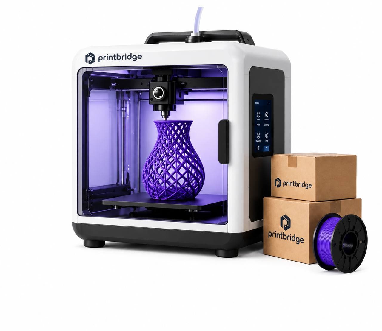 A PrintBridge-branded 3D printer mid-print, next to packaged shipping boxes and a spool of filament
